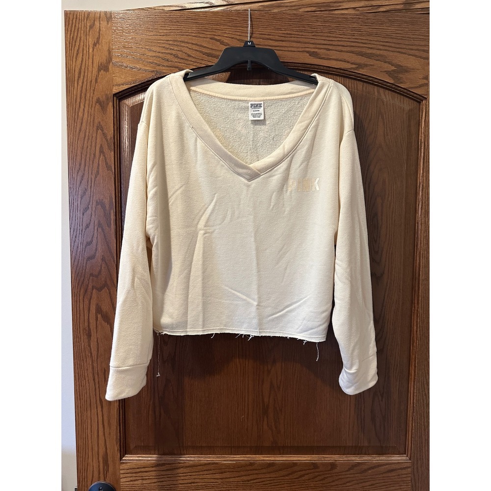 PINK Victoria's Secret Sweatshirt Raw‎ Hem V Neck Pullover Top Beige Comfy